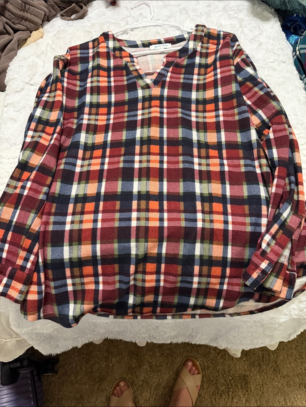 Grace & Lace Plaid V-Neck Tunic in Red, Navy, Green and Cream